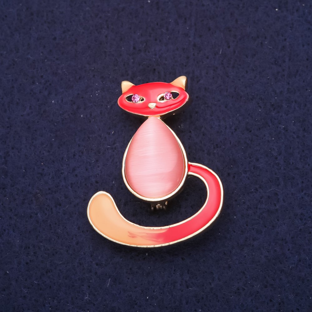 Brooch Kitty Enamel Cat's Eye Pink-Red 39x30 mm Yellow Metal