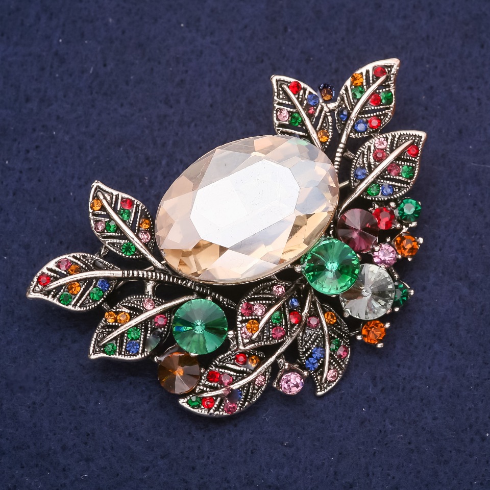 Brooch 'Accent' in Botanical Design with Crystals and Multicolored Stone, 67×45 mm, Silvery Metal