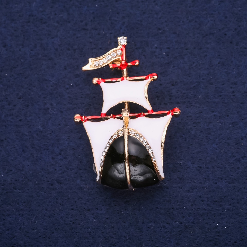 Ship Brooch with Enamel in White and Black, 30×44 mm, Yellow Metal
