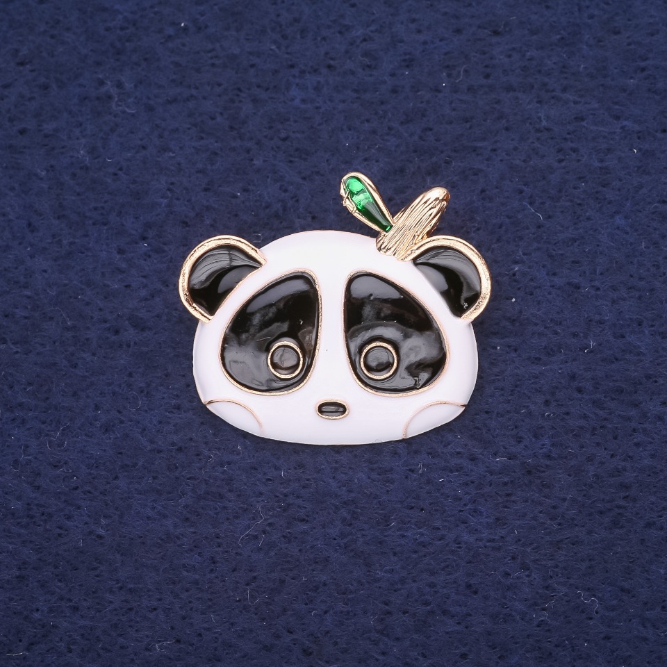 Panda enamel brooch, white, black, and green; 28×24 mm; yellow metal
