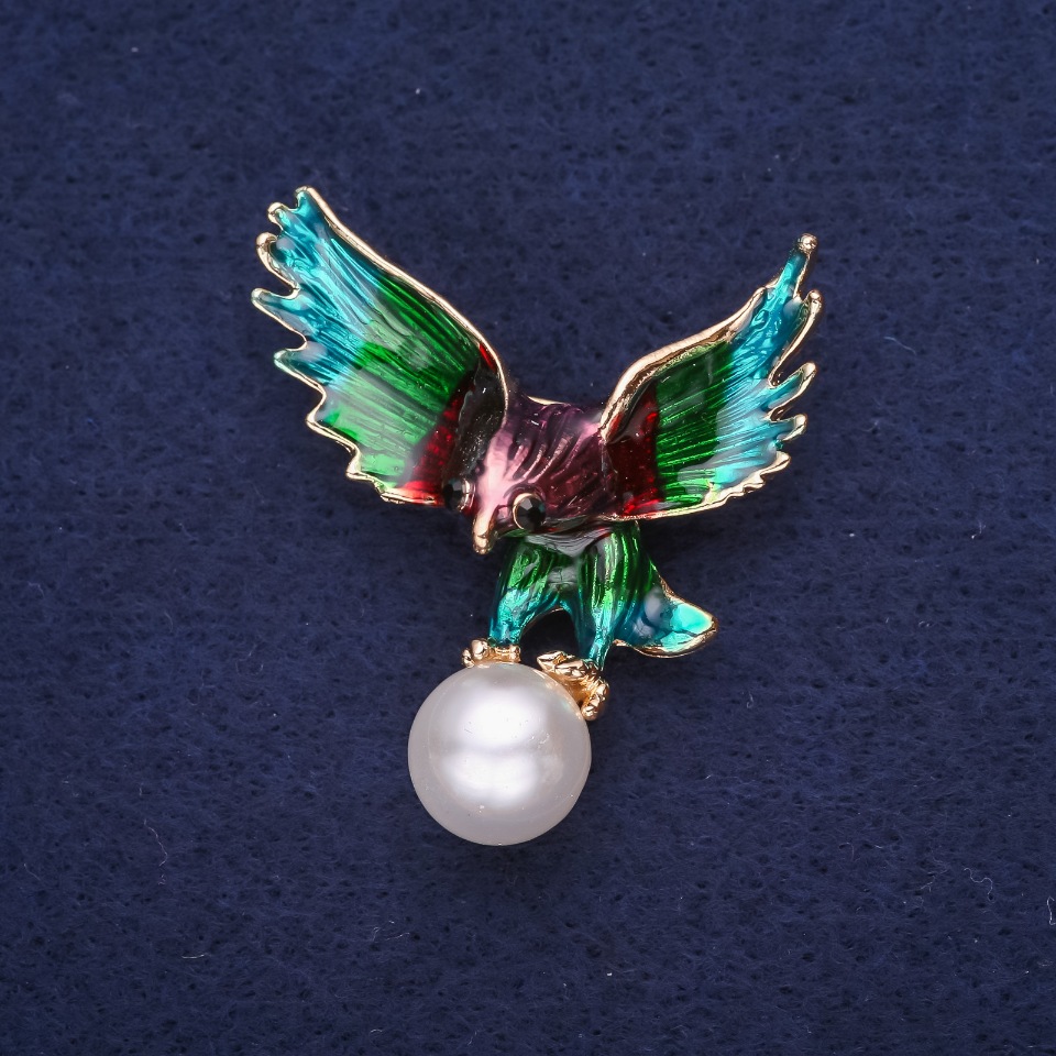 Eagle-Shaped Brooch with Pearl Bead, Enamel in Sea Wave, Burgundy, Green, and Purple, Gold-Tone Metal