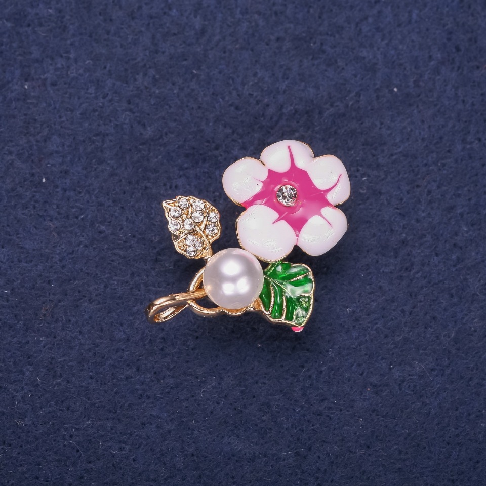 Flower Brooch with Pearl Bead, Enamel, and Crystals, White, Green and Raspberry Tones, 32×23 mm, Gold-tone Metal