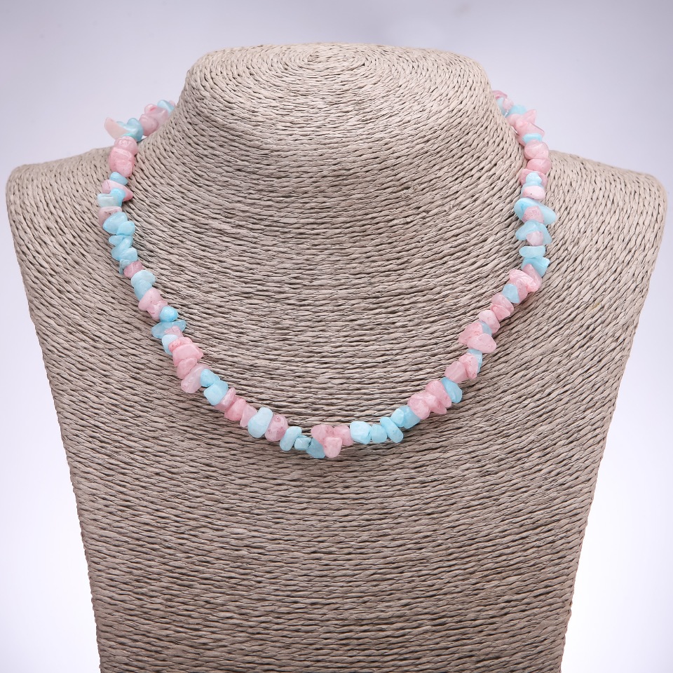 Beaded necklace with tinted pink and blue quartz chips, 7± mm in diameter, 42–48 cm long