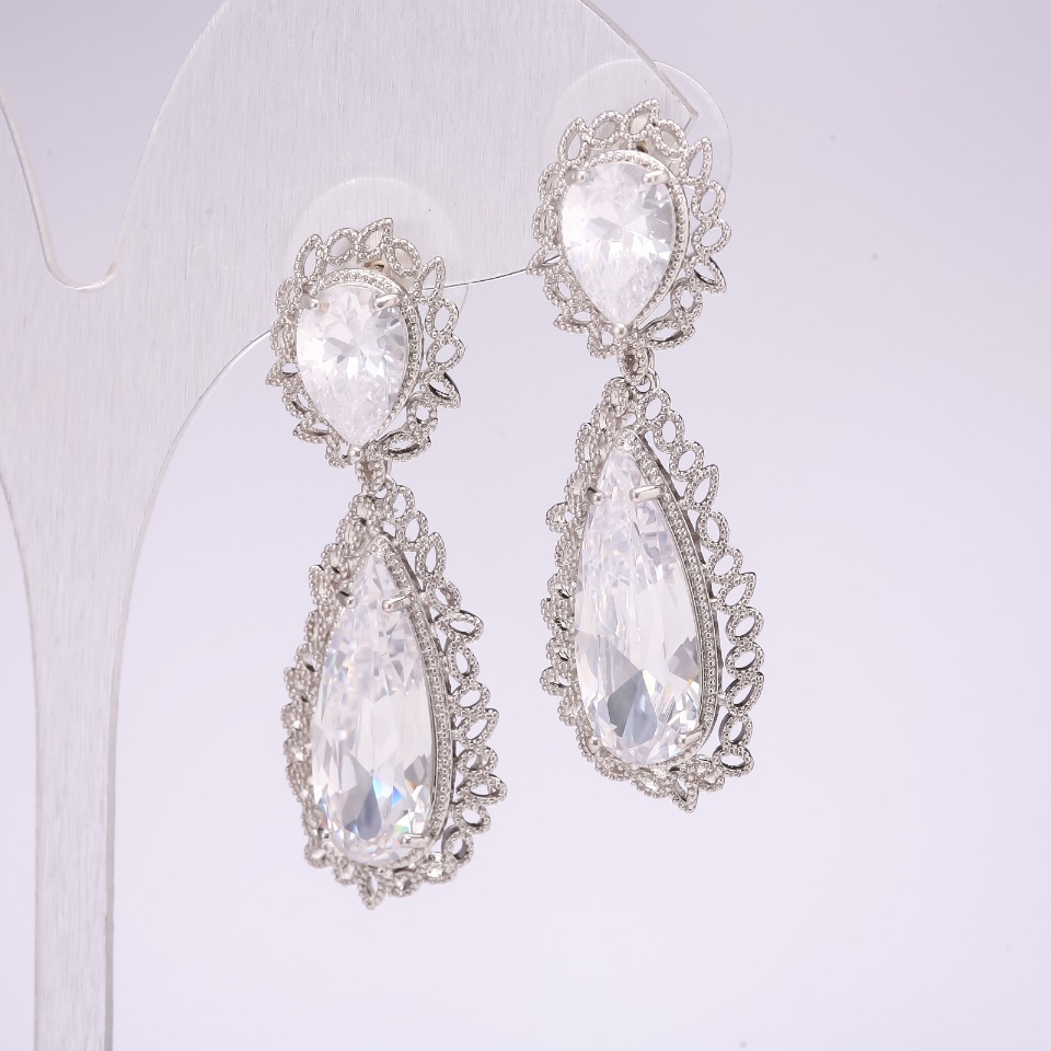 Evening earrings 925 series with white stones, 45x15 mm, silver-colored metal