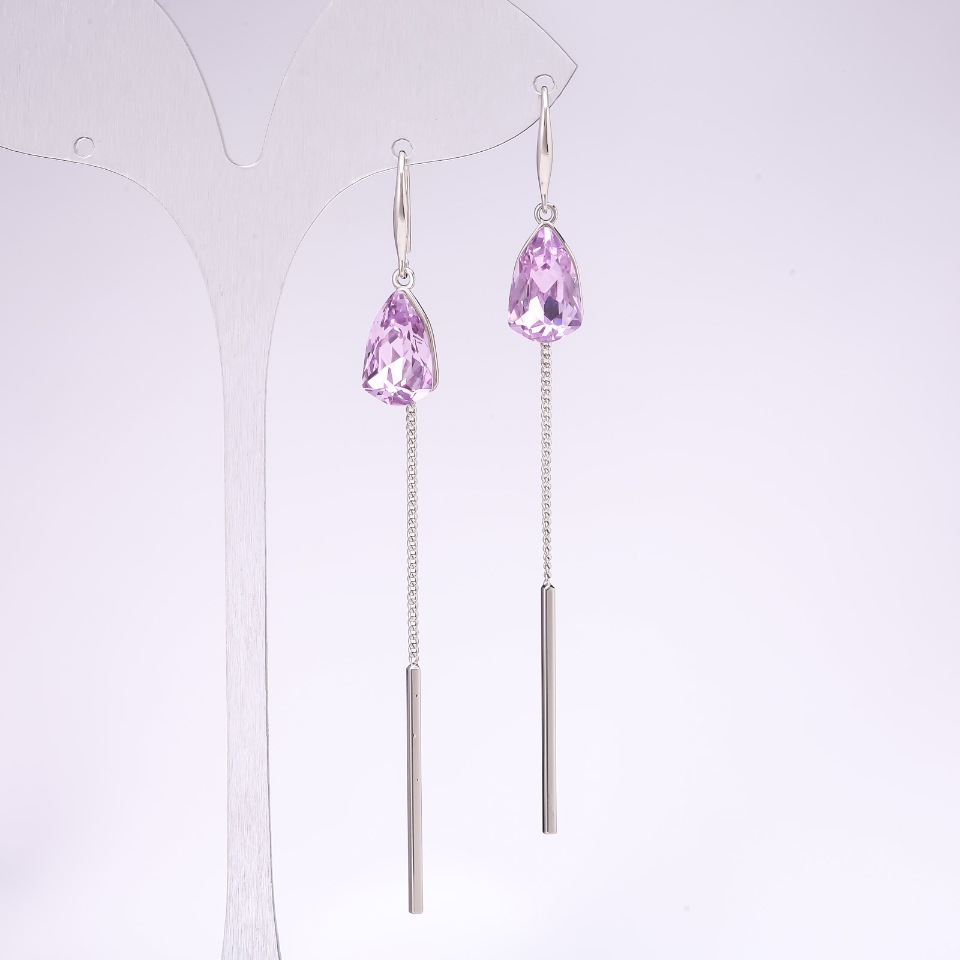 Long earrings, 925 silver series with purple stones, 8x85 mm, silver-tone metal