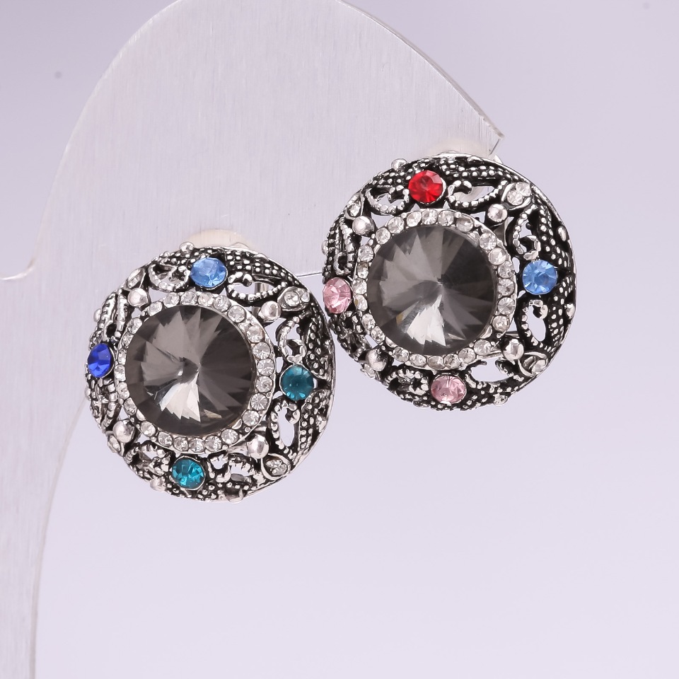 Evening stud earrings with stones and rhinestones - color gray, red, blue, green - 25 mm, silver metal
