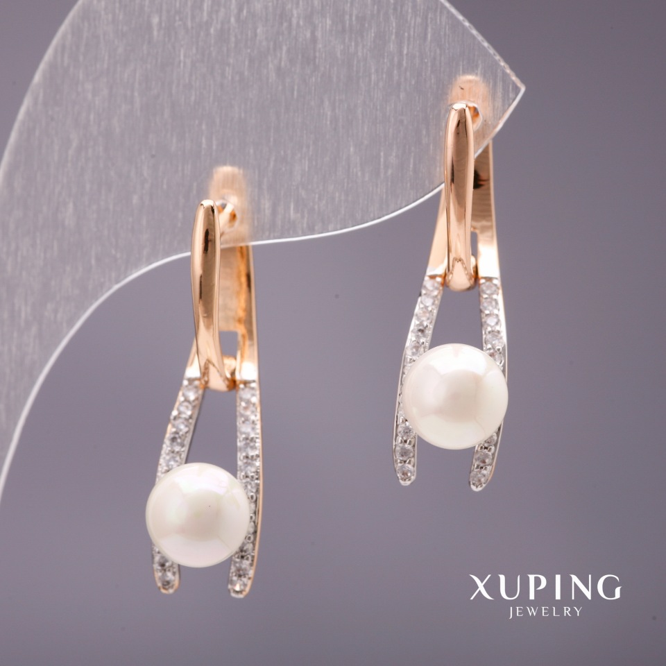 Xuping Earrings with Mallorca Pearls, White, 28×8 mm, 18K Gold Plating