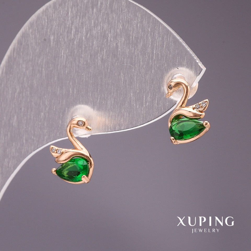 Xuping Swan Stud Earrings with Green Stone, 10x7mm, 18K Gold Plating