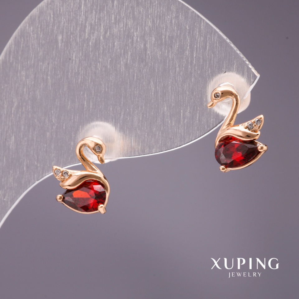 Xuping Swans Stud Earrings with Red Stone, 10x7mm, 18K Gold Plating