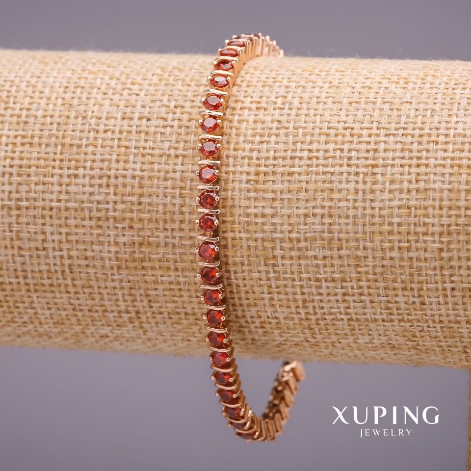 Bracelet Xuping with red stones, 4 mm thick, length 18-19 mm, 18k gold plating