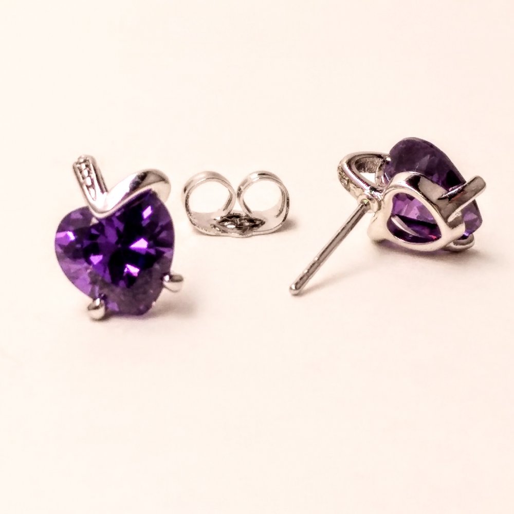 Xuping Heart-Shaped Stud Earrings with Purple Stone, 11×9 mm, Rhodium-Plated