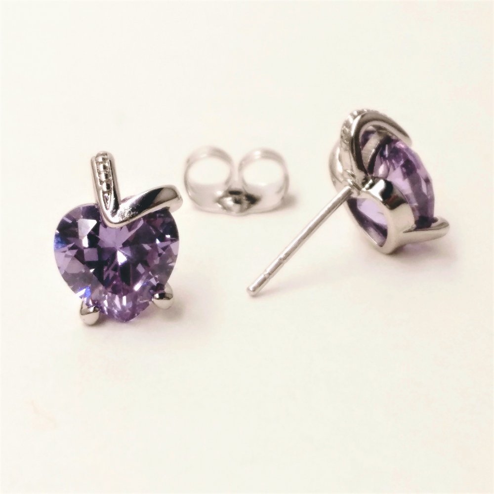 Xuping Heart-shaped Stud Earrings with a Light Lilac Stone, 11×9 mm, Rhodium-plated