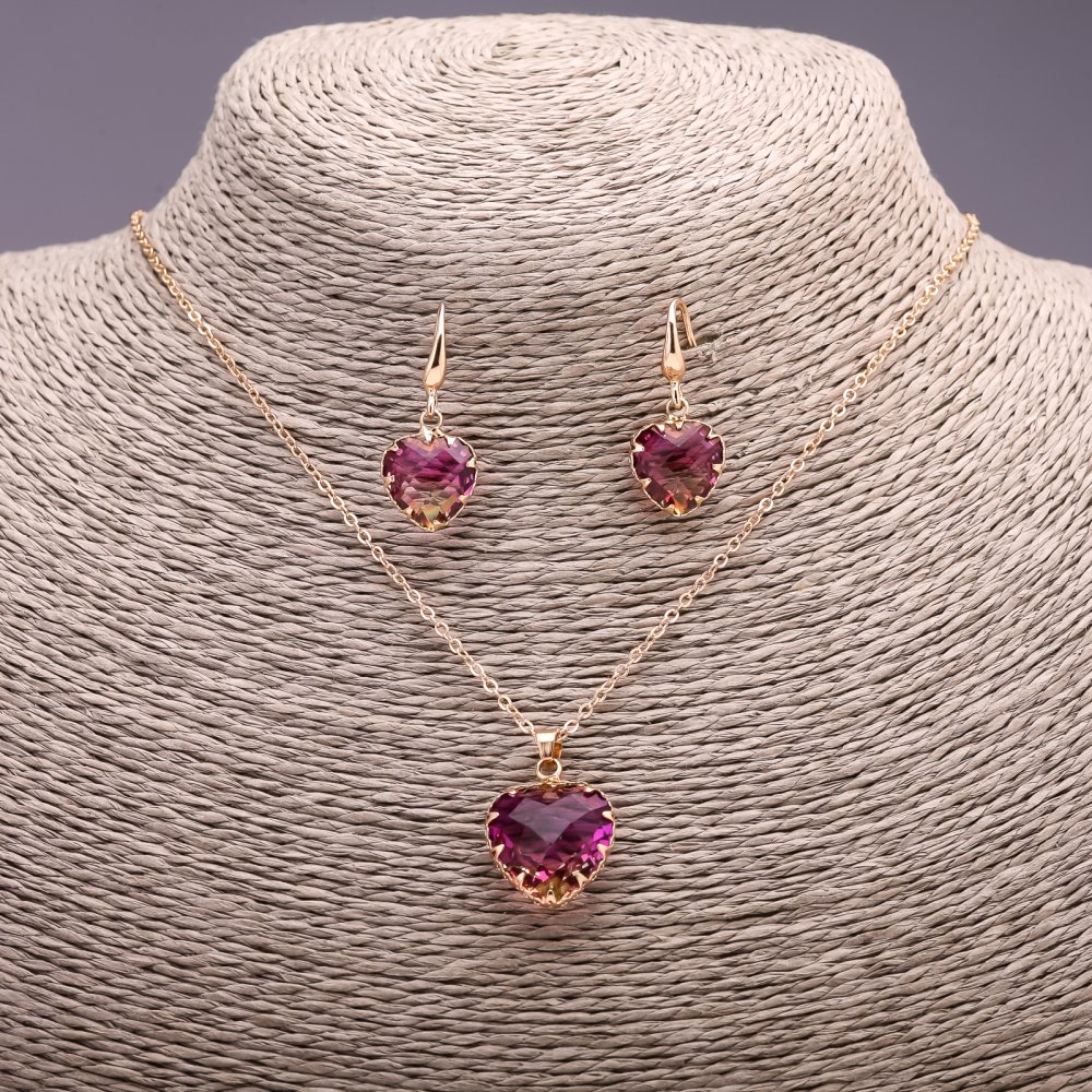 Set 'Heart' multicolor yellow and pink pendant 19×16 mm and earrings 27×13 mm, length 50 cm