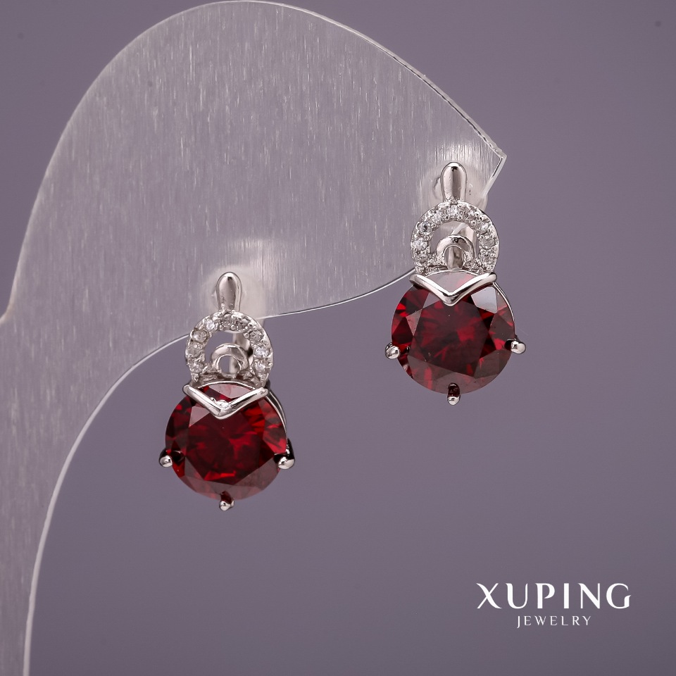 Xuping Earrings with Red Stones, Rhodium-Plated, 18x10mm