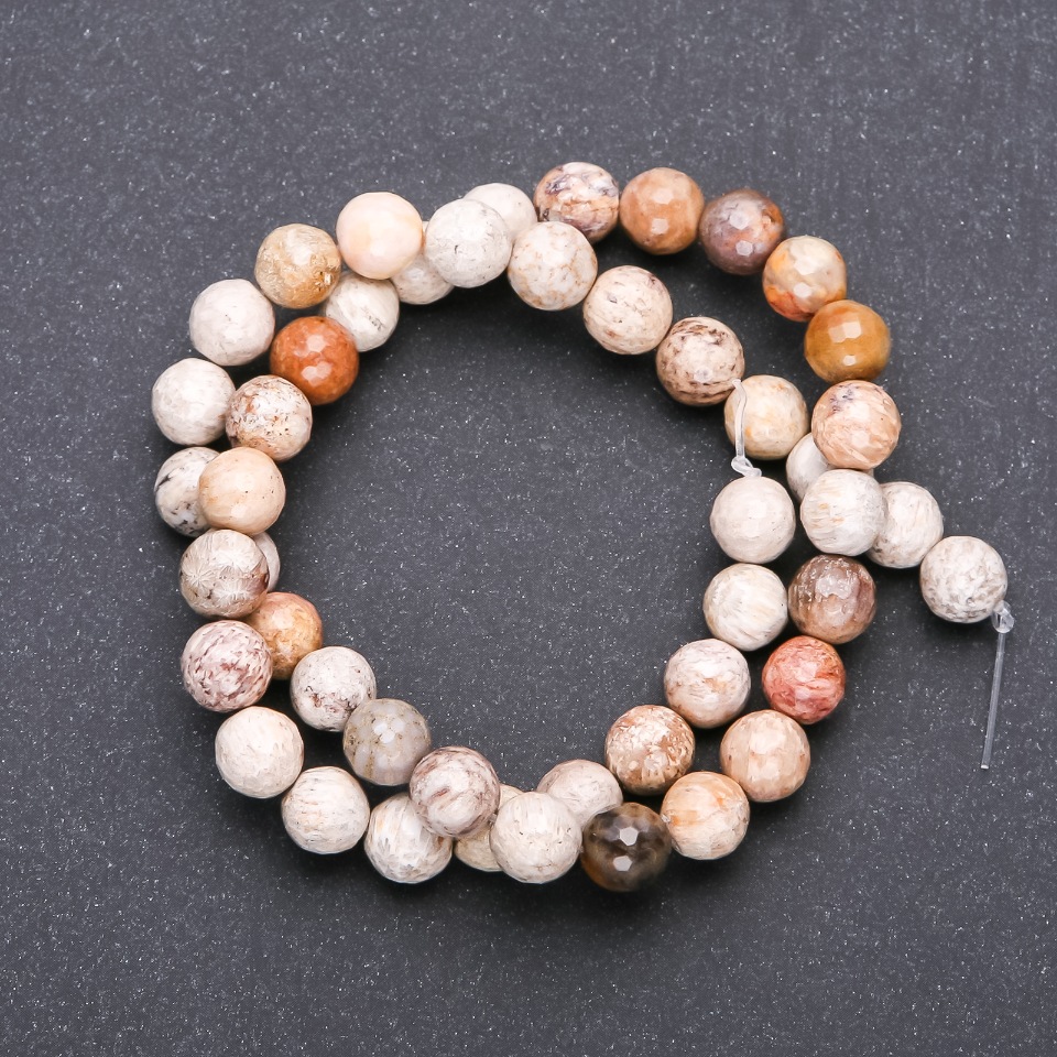 Fossilized Coral Beads, Faceted Round Bead, 8 mm Diameter, 38 cm Strand