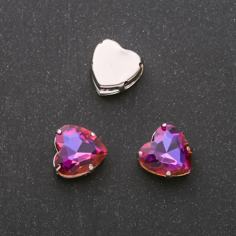 Price per pack / 10 pcs. Sew-on crystal in a heart shape, 12 mm, raspberry-orange