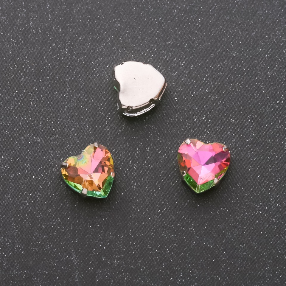 Price per pack / 10 pcs. Sew-on Heart Crystal on Pin 12mm Pink-Green