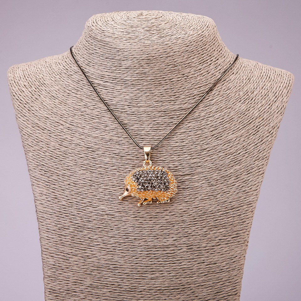 Pendant "Hedgehog" with black crystals on a long chain; metal "black gold", diameter 30×39 mm, length 70 cm