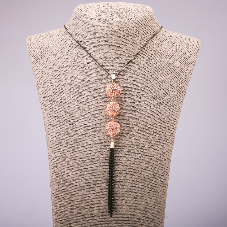 Pendant 'Trio' with pink crystals on a long chain, metal 'black gold', diameter 16×155 mm, length 70 cm