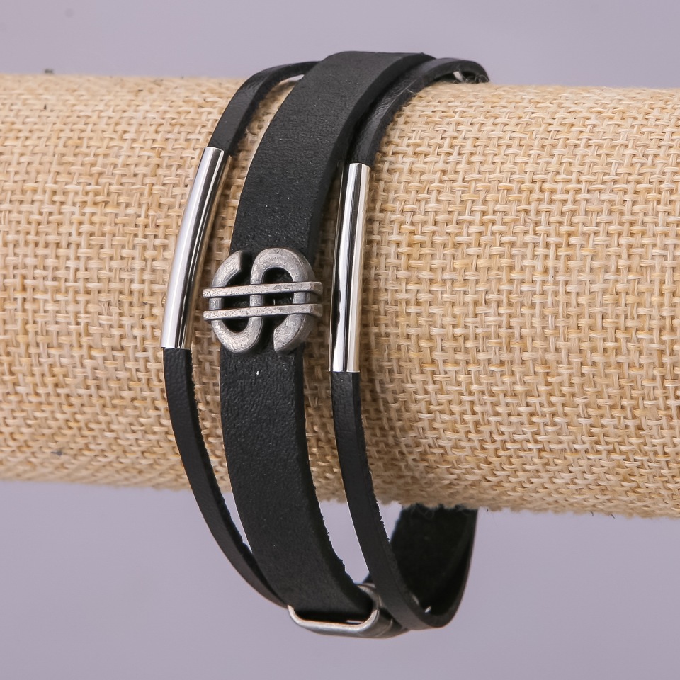 Men's bracelet with eco leather, dollar symbol, length 21 cm, black, metal color 'silver'