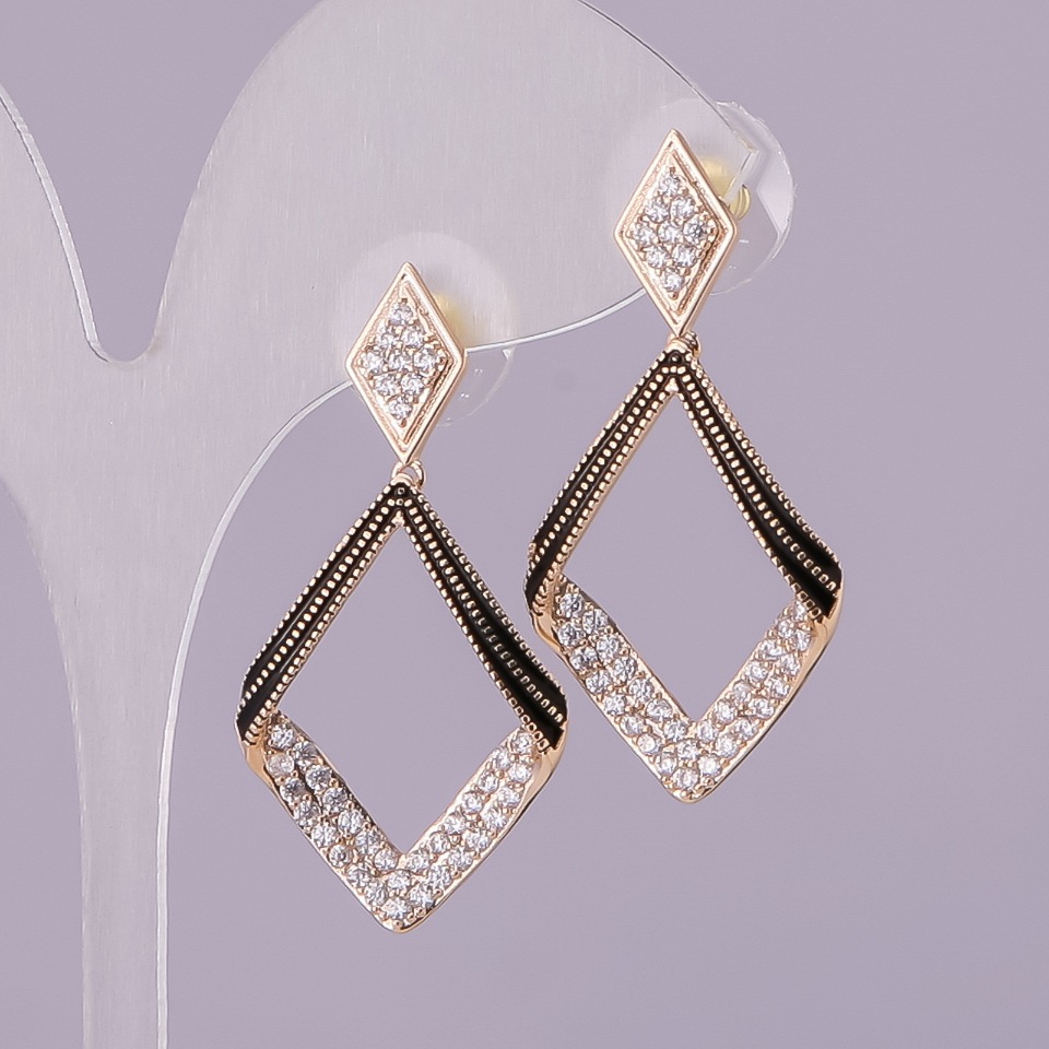 Rhombi Stud Earrings with Crystals in Gold-Tone Metal 20x39mm