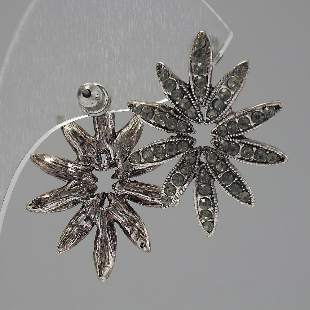 Flower Stud Earrings, Pale Crystals, Silver-Tone Metal, 30mm