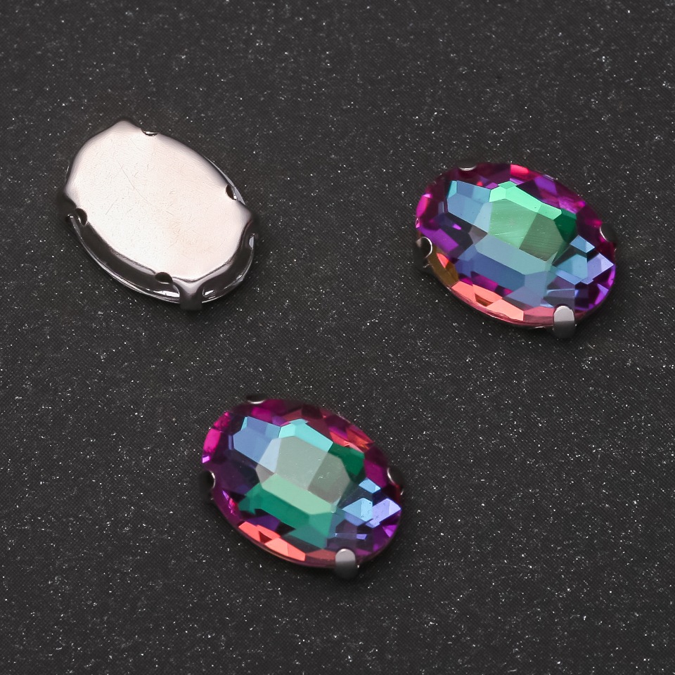 Price per pack (10 pcs.) Sew-on crystal with cap 'Oval 10×14 mm' green-magenta