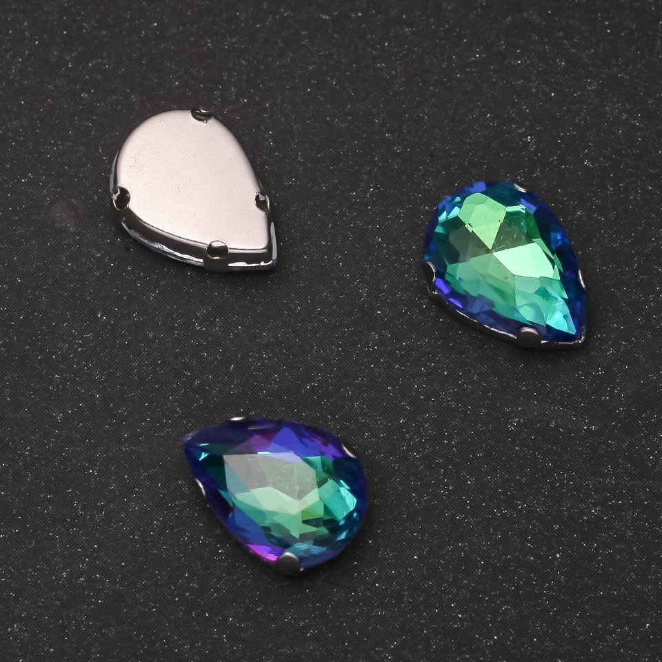 Pack of 10 Sew-on Crystal - Drop Shape, 10×14 mm, Green-Blue