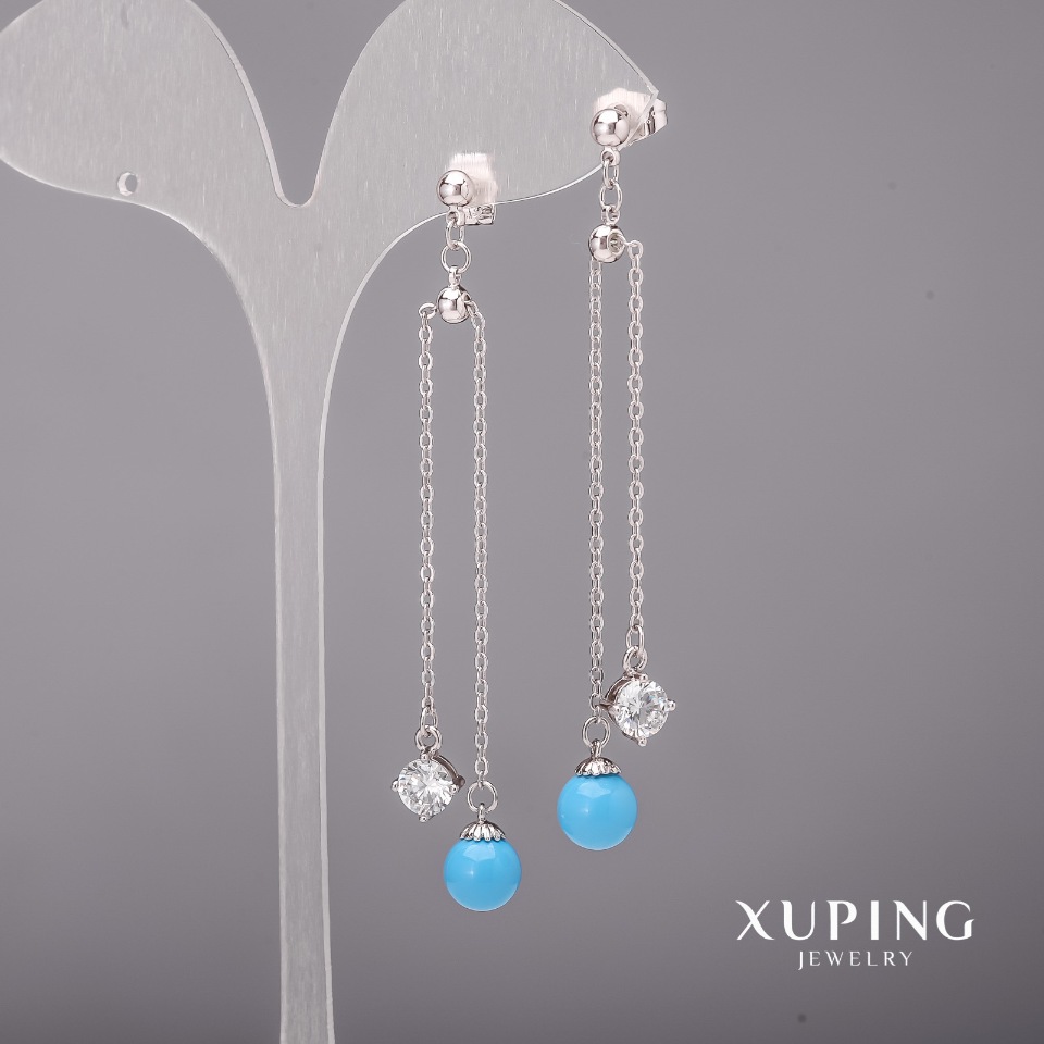 Xuping Earrings with White Stones and Majorca Pearls 8×80 mm Rhodium