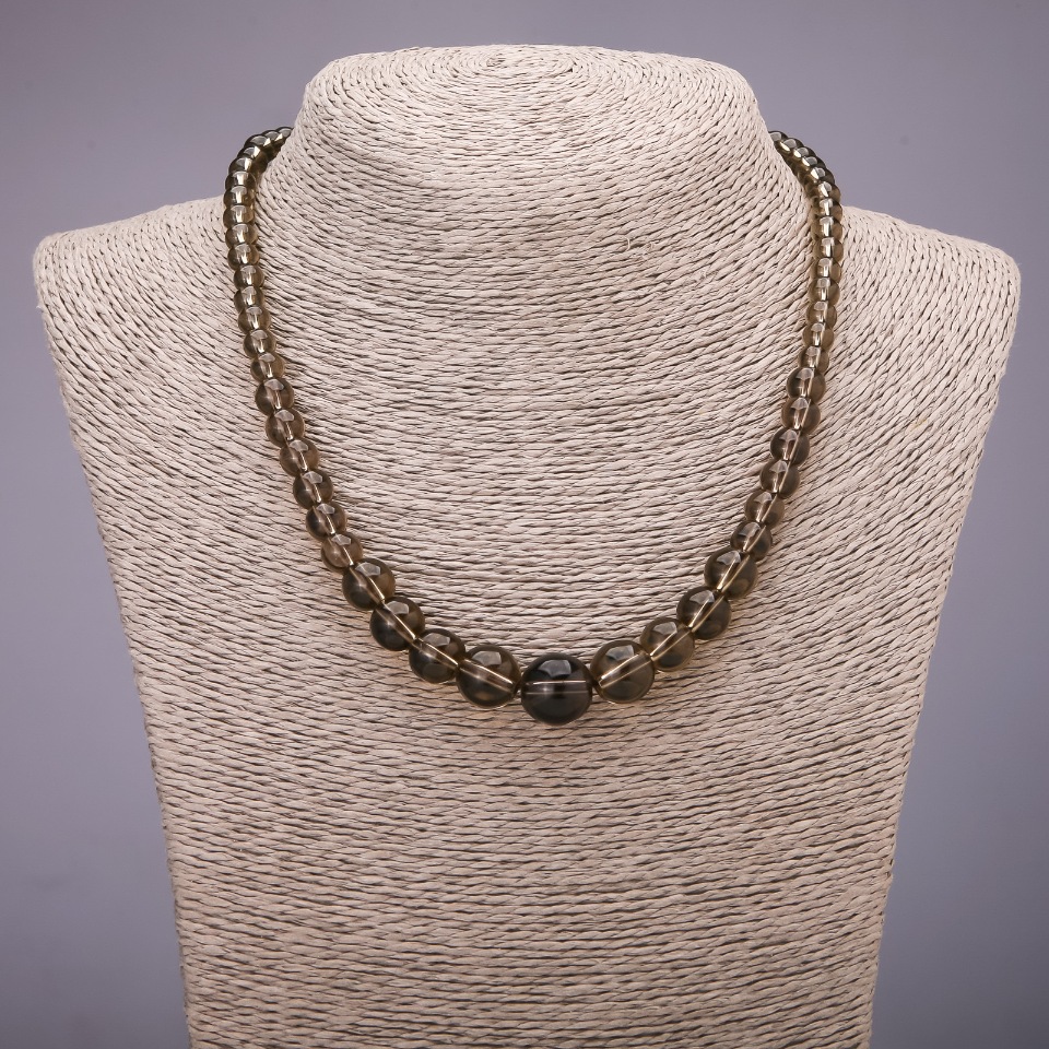 Necklace with synthetic smoky topaz — graduated smooth round beads, 6–14 mm diameter, 45 cm long