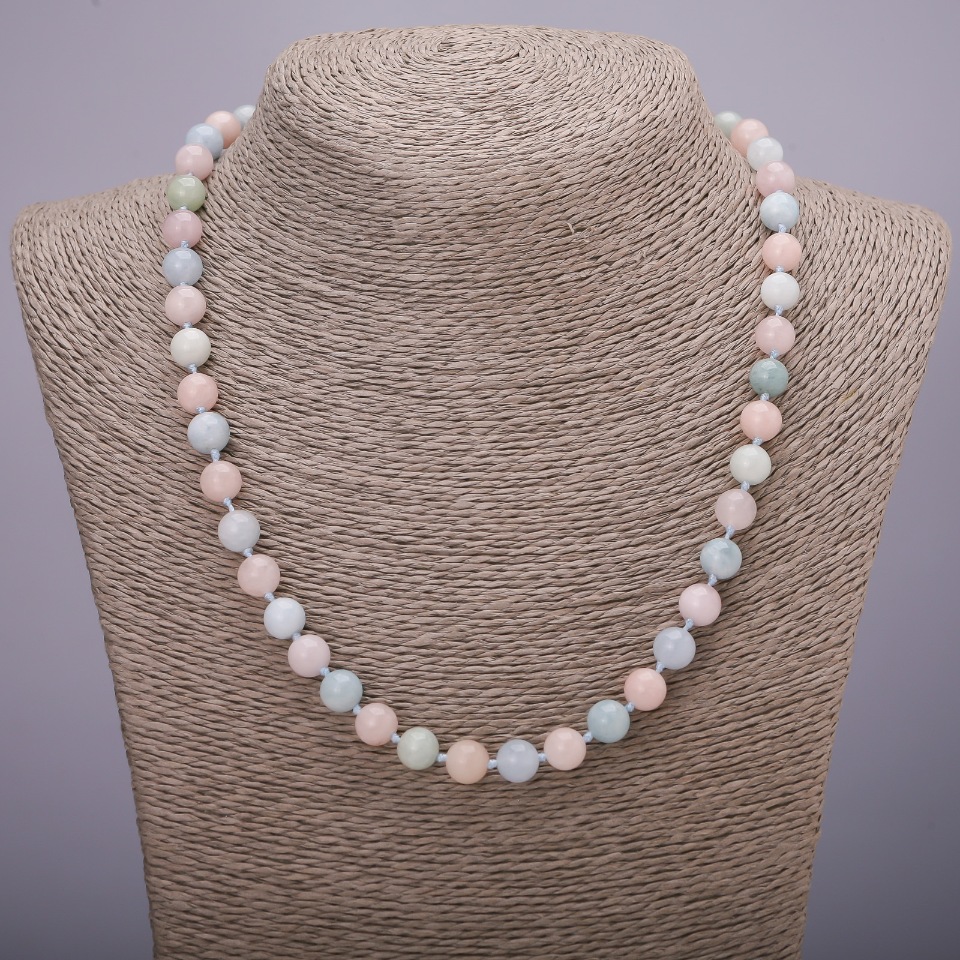 Necklace of natural Morganite gemstone with smooth beads, diameter 8(±)mm, length 48 cm