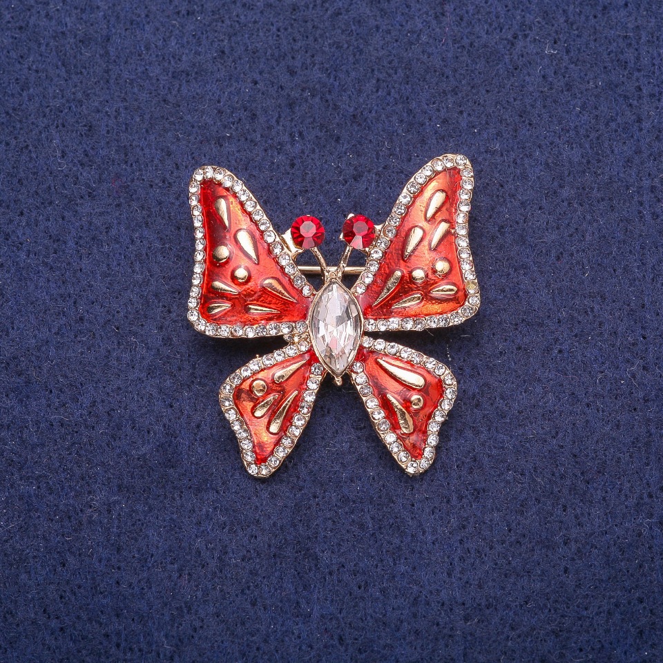 Butterfly Brooch with Enamel and Crystals, Gold-Tone Metal 32x35mm