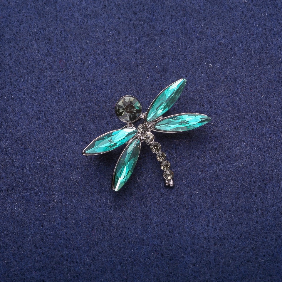 Dragonfly Brooch with Green Crystals, Silvery Metal 26×32 mm