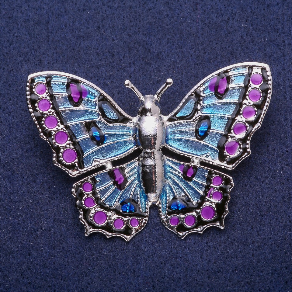 Butterfly Enamel Brooch in Silvery Metal, 43x60 mm