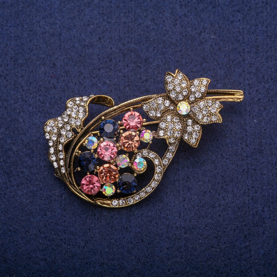 Flower Brooch with Multicolored Crystals