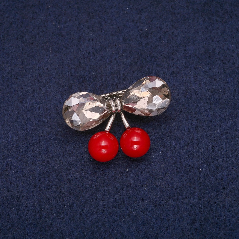 Cherry-shaped Brooch with Crystals, gray metal 19x28mm
