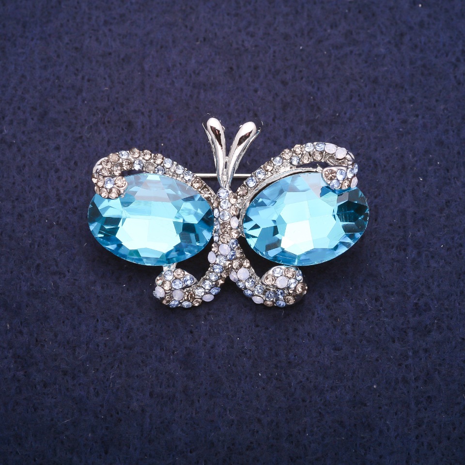 Butterfly Brooch with Blue Crystals, Silver-Colored Metal 26x38mm
