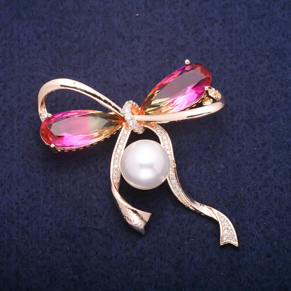 Bow Brooch with Pearl Bead and Yellow-Pink Crystals in Swarovski Style, Golden Metal 45x47mm