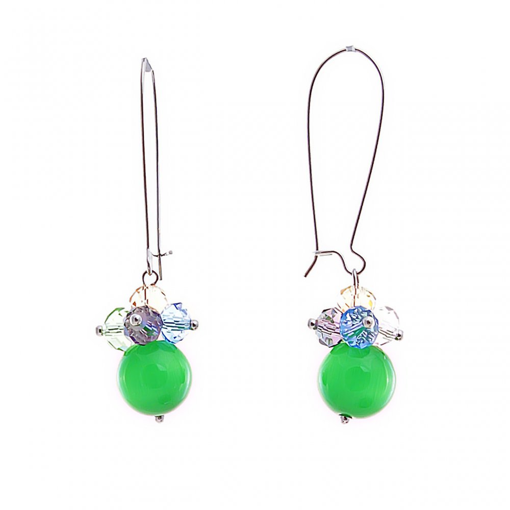 Earrings with French hook in colored small beads (crackle) and apple-green cat's-eye beads, 55 mm