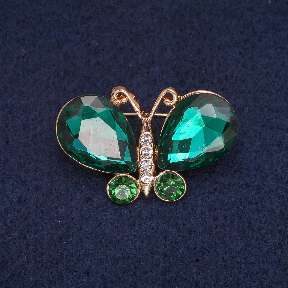 Butterfly Brooch with Green and White Crystals, Golden Metal 23×34 mm