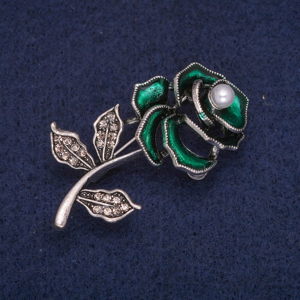 Rose Brooch with green enamel, bead, and crystals, silver-tone metal, 23×48 mm
