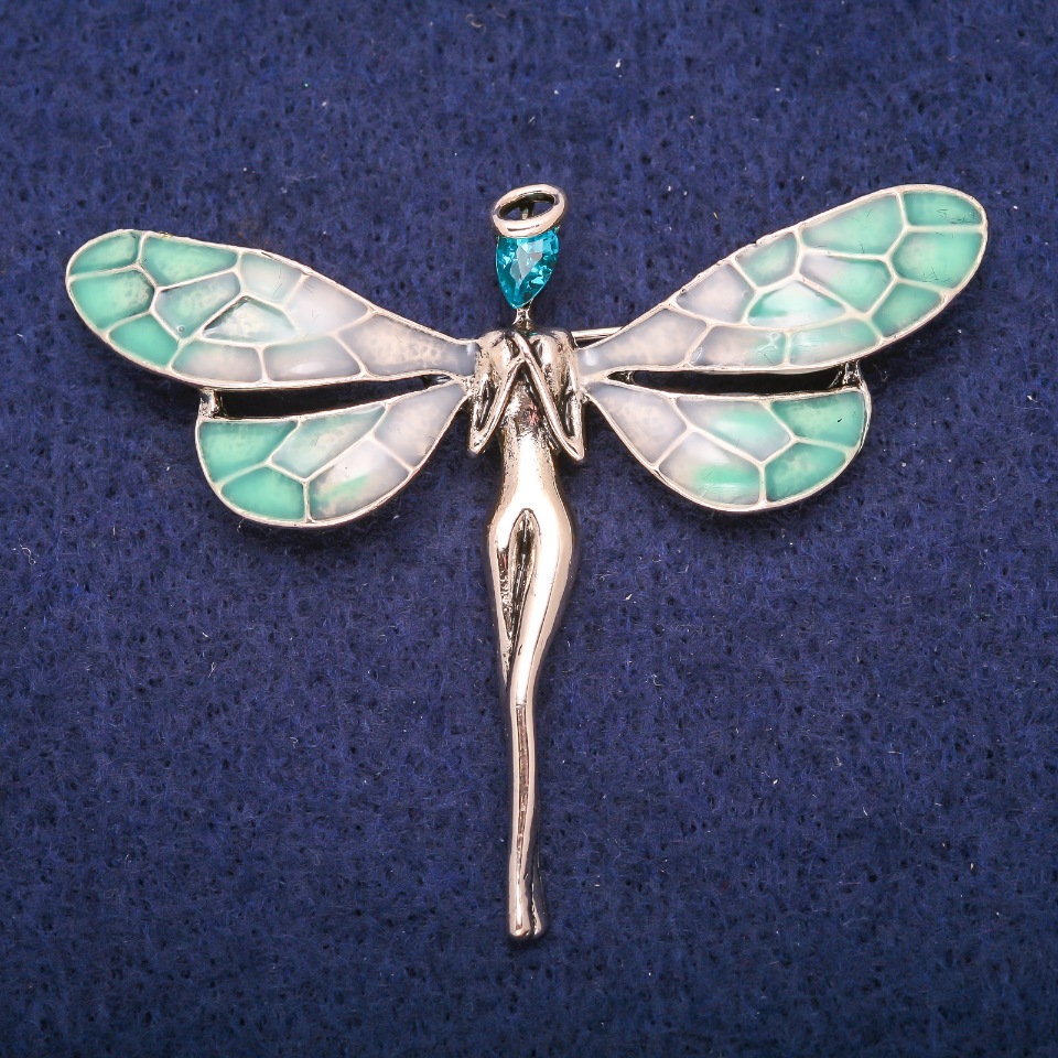 Brooch Fairy with Blue Crystal and Enamel, Golden Metal 50x60mm