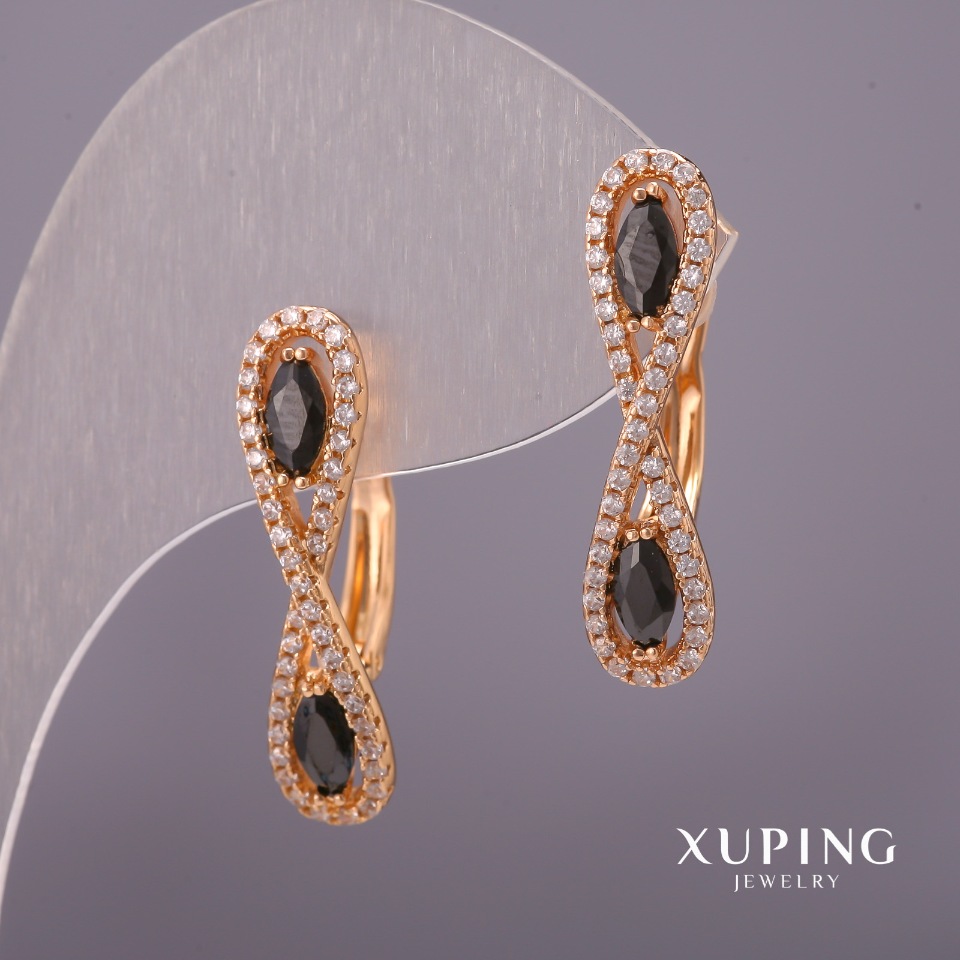 Xuping Earrings with White Crystals and Black Stones 6×25 mm 18K Gold Plating