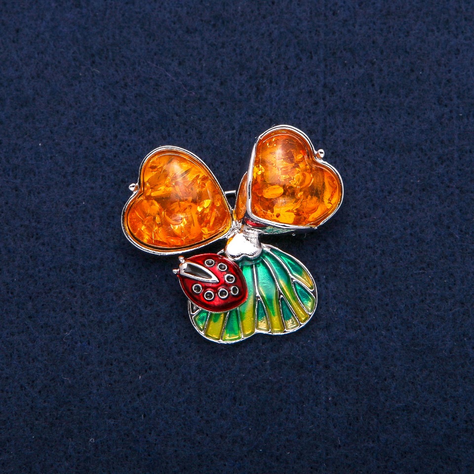 Brooch-pendant 'Ladybug' with Synthetic Amber