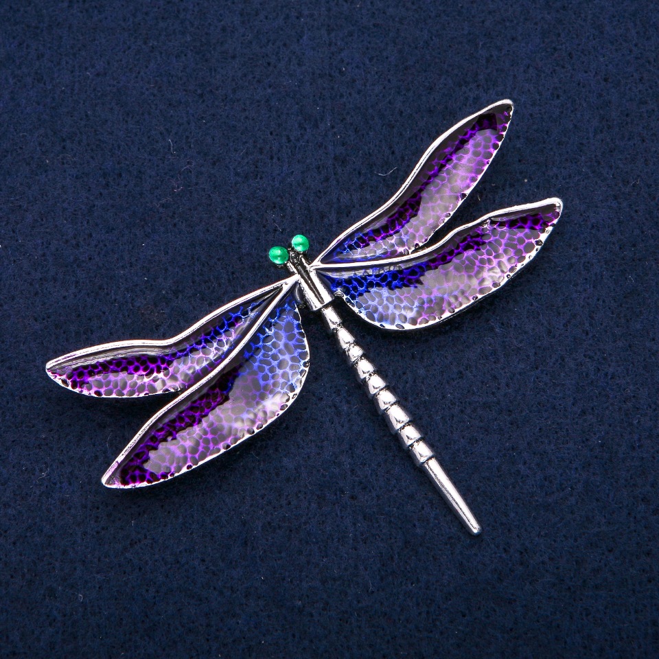 Brooch Dragonfly purple enamel, silver metal 47×76mm