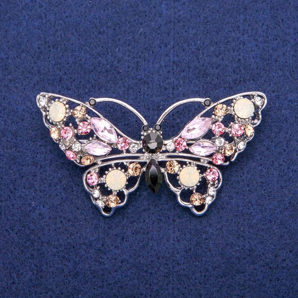 Crystal Butterfly Brooch with Crystals, 35×68 mm, Silvery Metal
