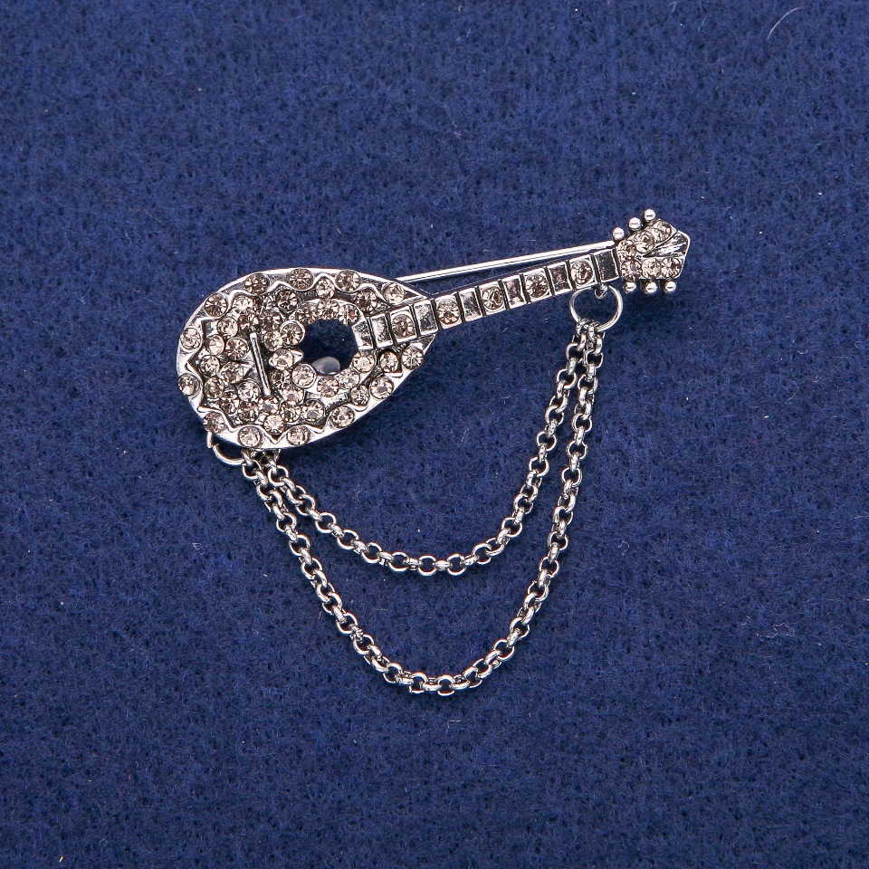 Brooch 'Lute' with Gray Crystals, 17×50 mm, Silver Metal