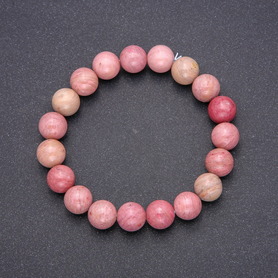 Bracelet made of natural rhodonite, smooth beads, 10 mm diameter, 18 cm length on elastic