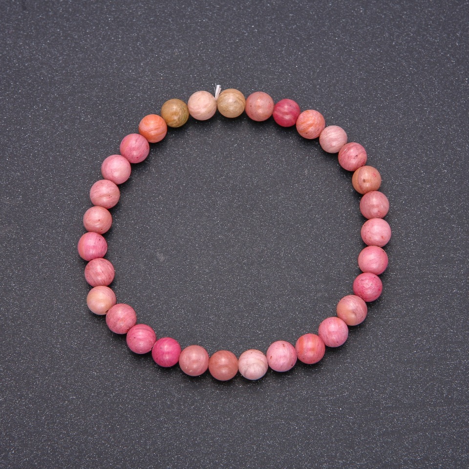 Rhodonite natural stone bracelet with smooth beads, 6 mm diameter, 18 cm length on elastic
