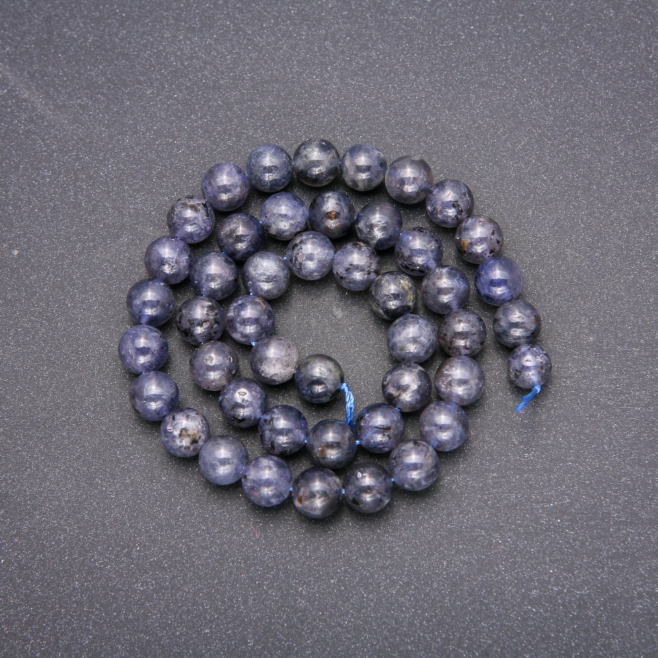 Natural stone iolite beads, smooth round, 8 mm diameter, 38 cm length